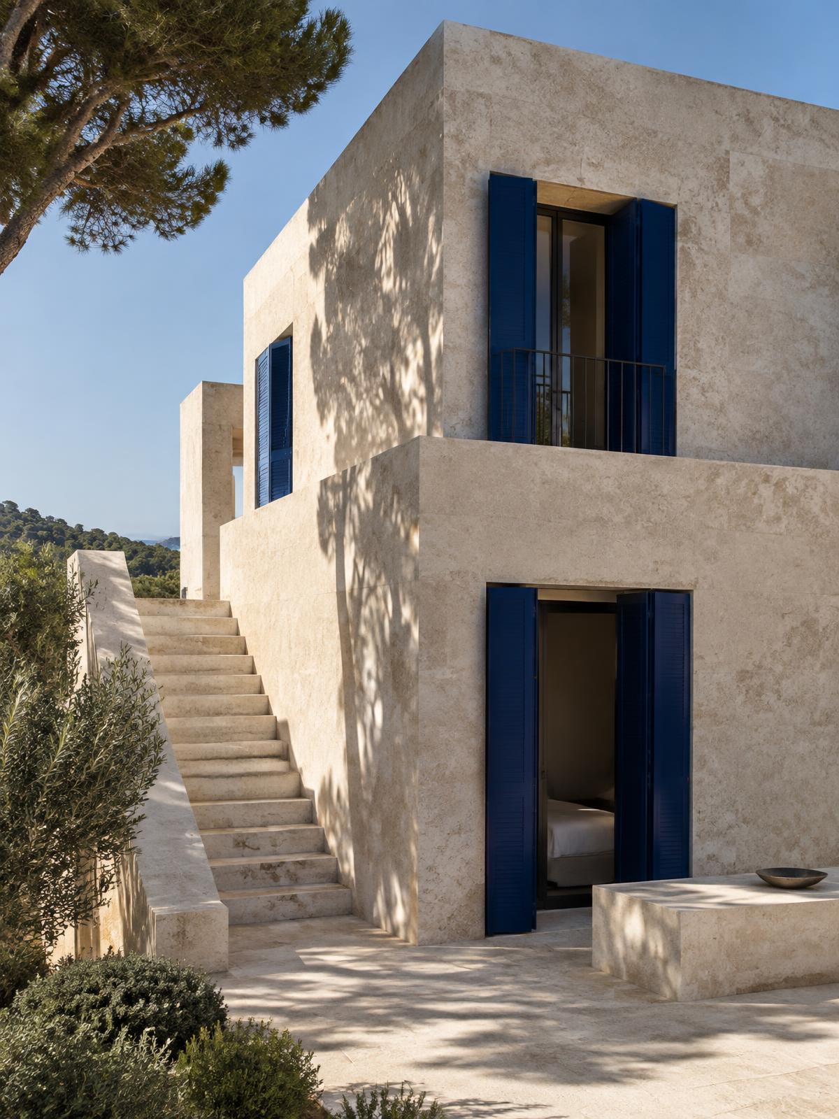 Modernist villa with cobalt shutters